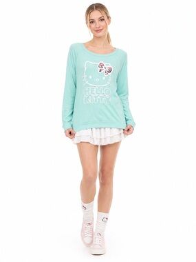 Hello Kitty Mint Green Long Sleeve Sweatshirt Floral Bow Sanrio Kawaii M 2014